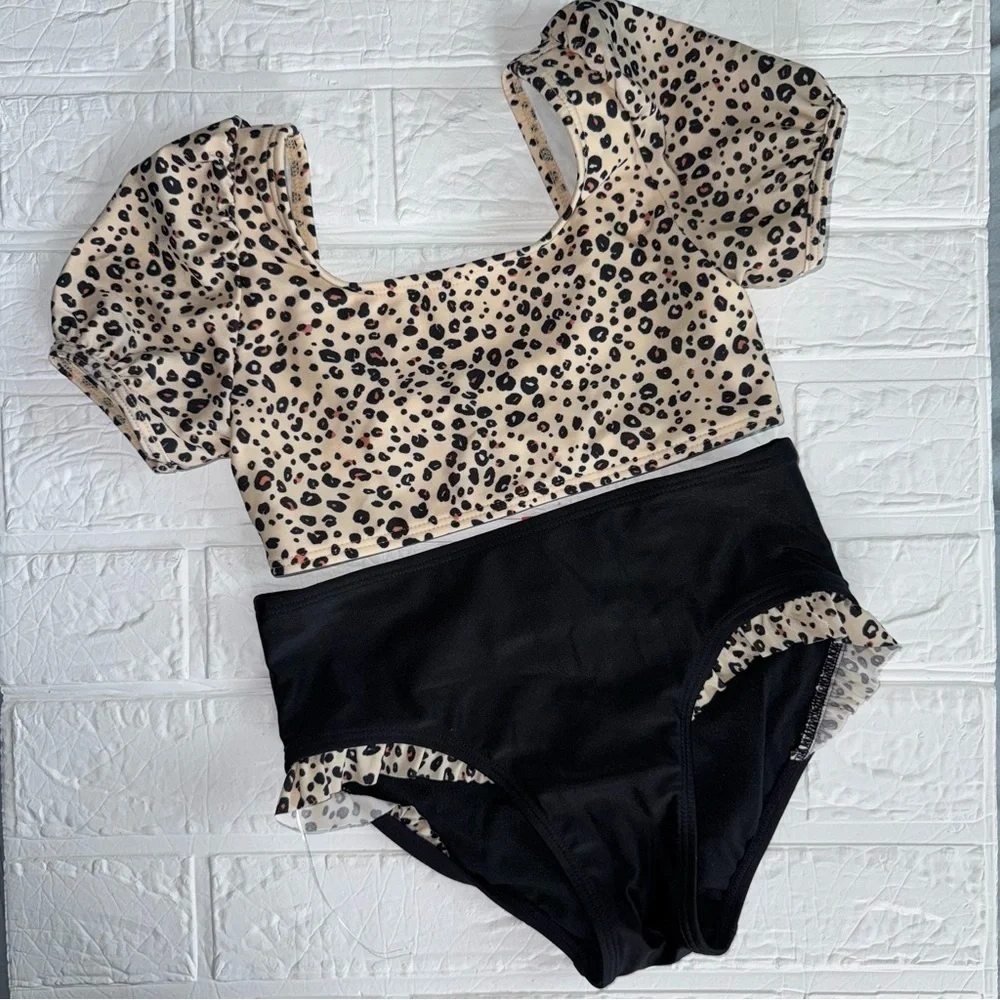 Leopard Print Puff Sleeve Swimsuit Crop Top and Black Bikini Bottom M (8)